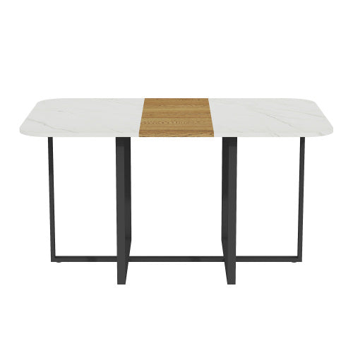 Modern Dining Table for 4-6 with Faux Marble Top and Walnut Accent