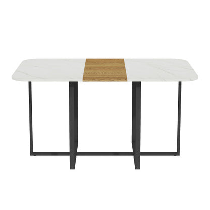 Modern Dining Table for 4-6 with Faux Marble Top and Walnut Accent