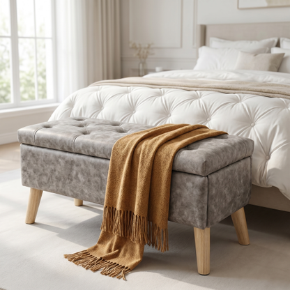 32 Inch Square Storage Ottoman Bench with Built-in Tray, Upholstered Footrest, Modern Multi-Functional End of Bed Bench