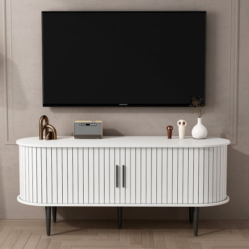 47 Inch White Mid-Century Media Console Fluted Sliding Door MDF TV Stand with Metal Support Legs