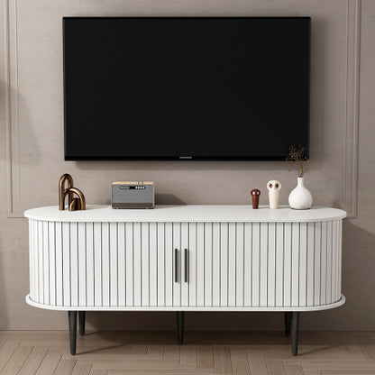 47 Inch White Mid-Century Media Console Fluted Sliding Door MDF TV Stand with Metal Support Legs