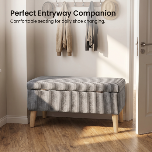 32 inch Olive Grey Corduroy Flip-Top Storage Ottoman Bench, Wooden Leg Upholstered Entryway & Bedroom Footrest