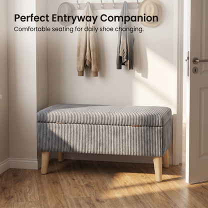 32 inch Olive Grey Corduroy Flip-Top Storage Ottoman Bench, Wooden Leg Upholstered Entryway & Bedroom Footrest