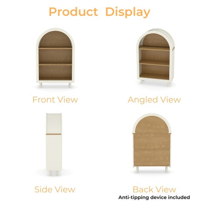 Arched Small Bookcase,Arched Storage Cabinet,Wooden Modern Arched Top Bookshelf with 3 Shelves,White with Woodgrain Shelves, 3-Tier Storage Shelf for Living Room, Bedroom, Entryway