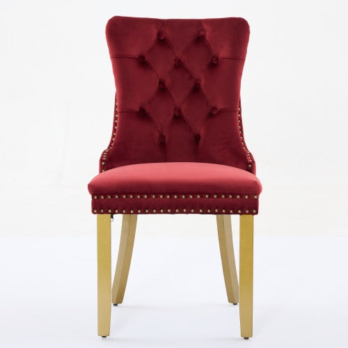 Mid-Century Modern Velvet Dining Chairs Set of 2 with Lion Head Pull Ring, Tufted Upholstered Chair, Wine Red