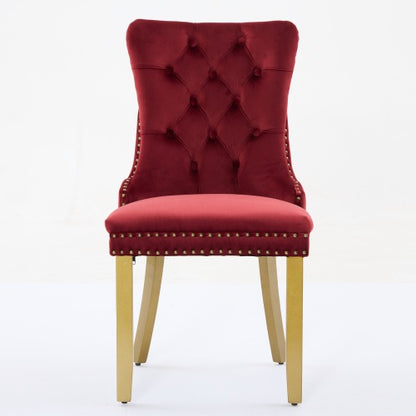 Mid-Century Modern Velvet Dining Chairs Set of 2 with Lion Head Pull Ring, Tufted Upholstered Chair, Wine Red