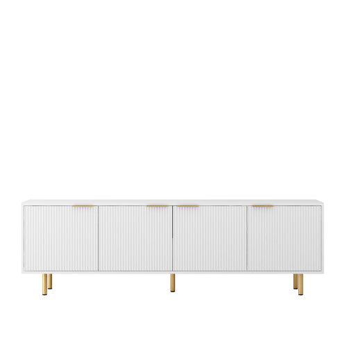 White Fluted 68 inch TV Stand with Storage Cabinets and Gold Legs
