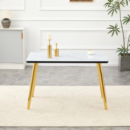 47.3 Inch Marble Tempered Glass Dining Table with Gold Tapered Metal Legs
