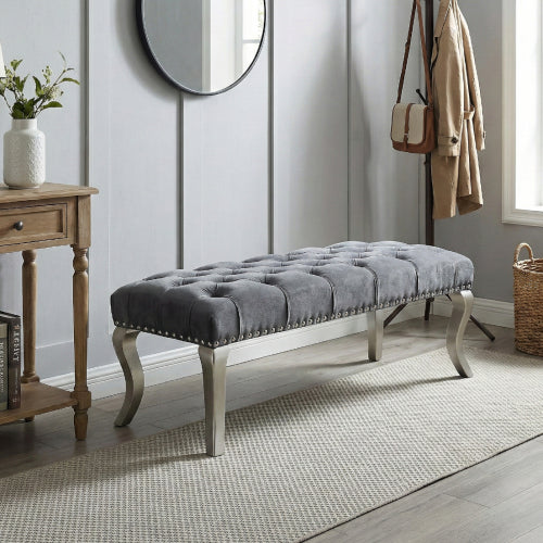 Decor Tufted Fabric Upholstered Bench Nailhead Trim , Gray