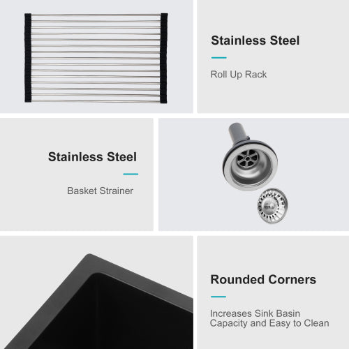 Quartz Kitchen Sink - 17.71"x15.74"x9" Black granite composite undermount kitchen sink