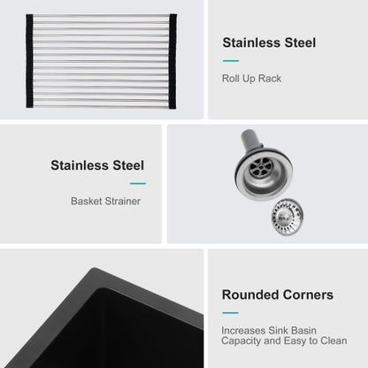 Quartz Kitchen Sink - 17.71"x15.74"x9" Black granite composite undermount kitchen sink