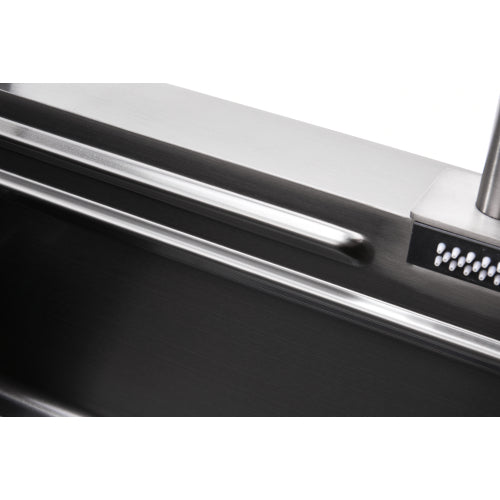 Waterfall Kitchen Sink, Stainless Steel Single Bowl in Black, Multifunctional Workstation with Flying-rain Faucet and Cutting Board, 30×18″ Stainless Steel Single Bowl Sink, LS-SSBL05