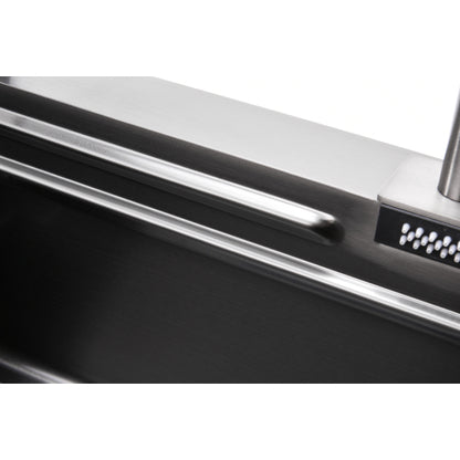 Waterfall Kitchen Sink, Stainless Steel Single Bowl in Black, Multifunctional Workstation with Flying-rain Faucet and Cutting Board, 30×18″ Stainless Steel Single Bowl Sink, LS-SSBL05