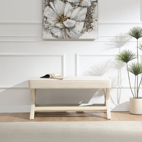Comfort Double Bench Upholstered in Velvet Fabric,Stool with Stylish X-Crossed Legs,Comfort Cushion with piping,Velvet Beige