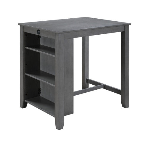 3-Piece Gray Counter Height Dining Set, 36 Inch Table with Shelves, USB Port & 2 Fabric Chairs