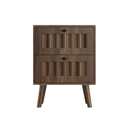 2-Pack Walnut Medieval Retro Nightstand, 2 Drawers with Solid Wood Legs & Silent Slides