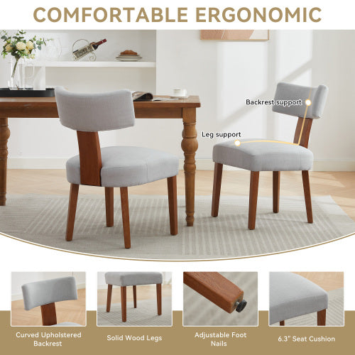 Set of 2 Gray Linen Curved Wingback Dining Chairs, Light Brown Rubber Wood Legs 250lbs Capacity