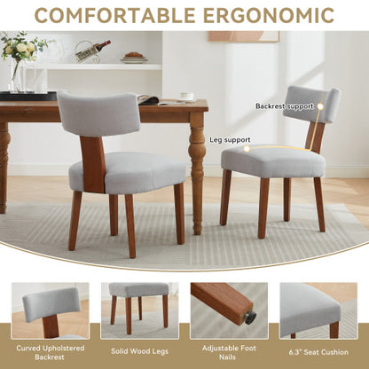 Set of 2 Gray Linen Curved Wingback Dining Chairs, Light Brown Rubber Wood Legs 250lbs Capacity