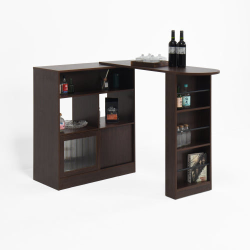 Modern Bar Cabinet with Rotating top, Counter Height Dining Cabinet with 6 Storage space and 2 Ribbed Glass Door for Kitchen, The Rotating Top with 3 Storage Shelves Dining Room, Living Room, Walnut