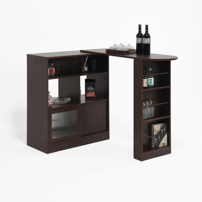 Modern Bar Cabinet with Rotating top, Counter Height Dining Cabinet with 6 Storage space and 2 Ribbed Glass Door for Kitchen, The Rotating Top with 3 Storage Shelves Dining Room, Living Room, Walnut