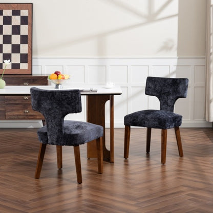 Set of 2 Gray Chenille Mid Century Dining Chairs, Upholstered Kitchen Chairs