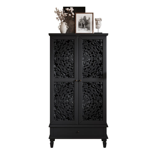 55 Inch Rustic Storage Cabinet with Drawer Carved Doors Black Accent Cabinet