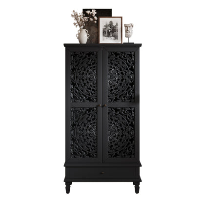 55 Inch Rustic Storage Cabinet with Drawer Carved Doors Black Accent Cabinet