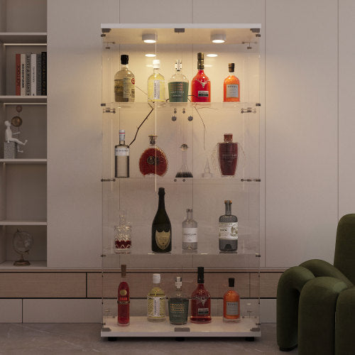 White Tempered Glass Display Cabinet With Remote Control Light & Lockable Casters