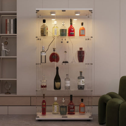 White Tempered Glass Display Cabinet With Remote Control Light & Lockable Casters