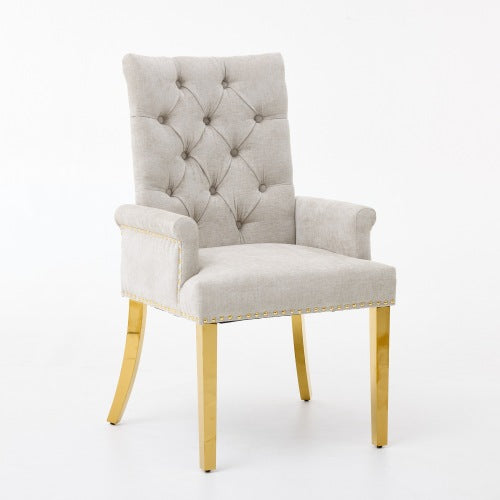 Single Beige Tufted High-Back Chenille Arm Dining Chair, Nailhead Trim, S-Spring Cushion, Polished Stainless Steel Legs