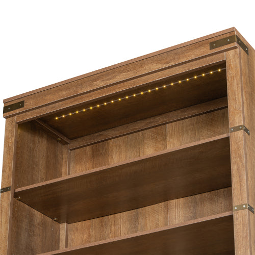 83.4 Inch Tall Walnut Farmhouse Bookshelf with LED Light & Adjustable Shelves Closed Storage Cabinet