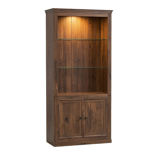 78.75 Inch Brown Retro LED Warm Light Adjustable Glass Display Cabinet