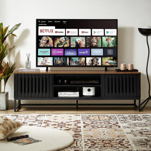 63 Inch Black MDF TV Stand Slatted Grille Doors Media Console Holds 60 Inch TV