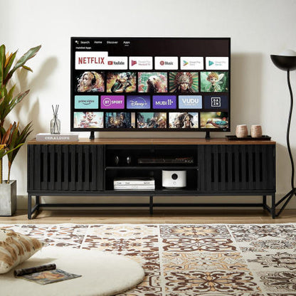 63 Inch Black MDF TV Stand Slatted Grille Doors Media Console Holds 60 Inch TV
