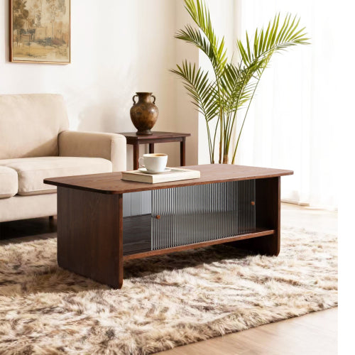 47inch  Rectangular Coffee Table with Fluted Glass Doors, Walnut