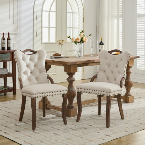 Set of 2 Beige Hand Tufted Velvet Dining Chairs, Solid Wood Handles Vintage Copper Nail Curved Wood Legs