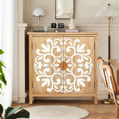 Rustic Wooden Accent Cabinet with Floral Carved Doors, 2 - Door Storage Cabinet for Living Room, Entryway, Dining Room