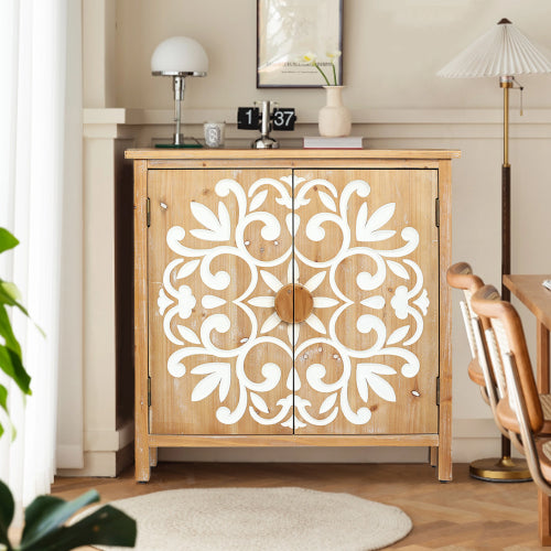 Rustic Wooden Accent Cabinet with Floral Carved Doors, 2 - Door Storage Cabinet for Living Room, Entryway, Dining Room