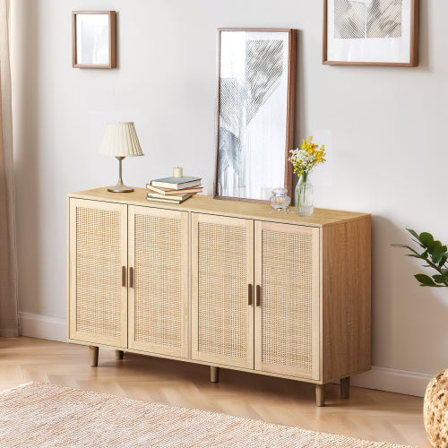 62.2 Inch Natural Rattan Four-Door Storage Cabinet Particle Board Solid Wood Leg Adjustable Shelf Household Sideboard Cabinet