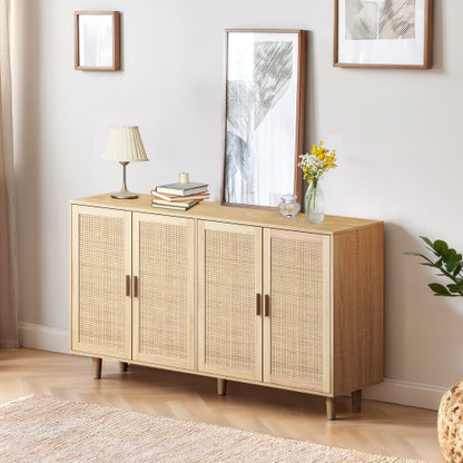 62.2 Inch Natural Rattan Four-Door Storage Cabinet Particle Board Solid Wood Leg Adjustable Shelf Household Sideboard Cabinet