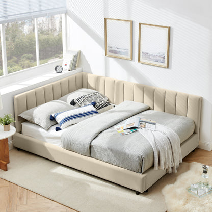 Full Size Upholstered Tufted Bed Frame, Sofa Bed Frame with Comfortable Backrest and Armrests, Full Size Bed for Bedroom, Living Room,Velvet-Beige(81inch *60inch *29.5inch )