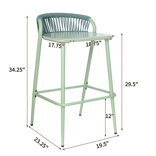 Outdoor 29" Seat Height Aluminum Frame Barstools with Rope-woven Scallop-shaped Backrest, Set of 2, Sage