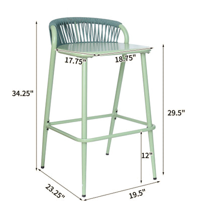 Outdoor 29" Seat Height Aluminum Frame Barstools with Rope-woven Scallop-shaped Backrest, Set of 2, Sage