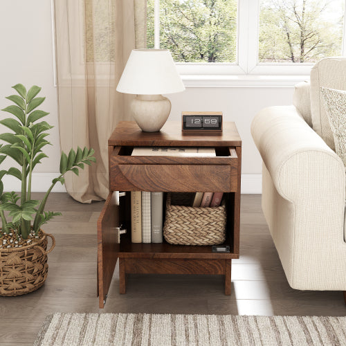 Wood Nightstand with 1 drawer,Walnut Finish