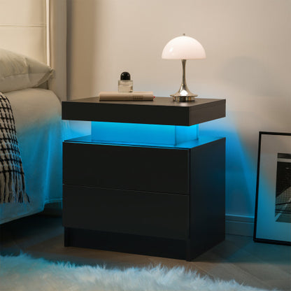 Nightstand LED Bedside Table Cabinet Lights Modern End Side with 2 Drawers for Bedroom (Black)