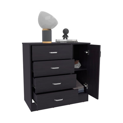 Four Drawer, One Door Dresser With Spacious Storage, Modern Bedroom Organizer, Black