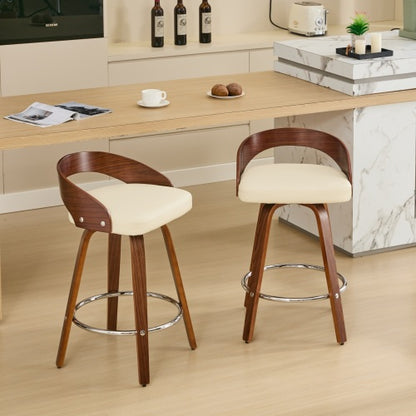 Bar Stools Set of 2, Swivel Bar Height Stools with Low Back, Wood Bar Chairs with Soft Cushion Seat, 25-Inch Seat Height (Beige, 25inch Counter Height)
