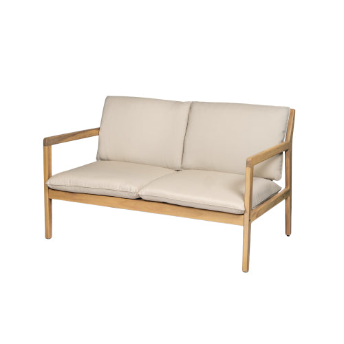 Outdoor Acacia Wood Loveseat with Coffee Table, Light Teak Frame, Beige Cushion