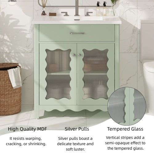 31" Bathroom Vanity with Tempered Glass, Modern Bathroom Cabinet with Rubber Wood legs and Soft close Doors, Green