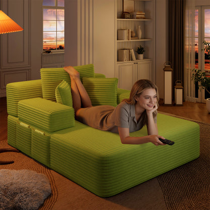 Green Oversized Plush Corduroy Chaise Lounge Convertible Sleeper Sofa-Bed w/Storage Pockets & 3 Pillows